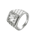 Vintage-Stahlring mit quadratischem rosa Edelstein und karierten geometrischen Mustern - US 8 / Silber/Weißer Zirkonia