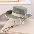 Detail view of military green sun hat with BOSTON embroidery and adjustable chin strap - 54cm (3-8 Years) / Green