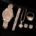 Elegant 5-piece rose gold jewelry set featuring a diamond watch and matching accessories - Square Main Stone 5-Piece Set / Rose Gold