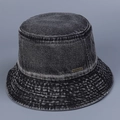Detail of dark gray washed denim bucket hat with metal logo plate and vintage texture - M (56-58cm) / Black