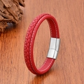 Detail of red braided leather bracelet with white stitching and silver magnetic clasp - 19cm / Red/Silver Clasp