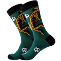 Detail of green cotton crew socks with orange soccer player silhouettes and football patterns - Size 39-45 / Soccer Astronaut