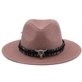 Cappello da cowboy in paglia rosa con fascia tribale e ornamento a testa di toro - M(56-58cm) / Rosa Antico
