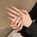 Long stiletto press-on nails featuring silver metallic 3D rose and vine gothic motifs - Large (L) / Silver Rose Thorns (2089-Long Stiletto)