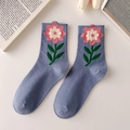 Morandi blue crew socks with pink tulip flower pattern and wavy edges for women - Pink Flower