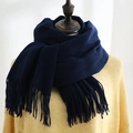 Dark blue cashmere-feel shawl scarf with long tassels displayed on a mannequin - Navy Blue