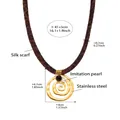 Leopard print silk scarf necklace with golden stainless steel pendant and pearls - Gold Spiral Beaded Style (P2165)