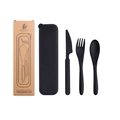 Close-up of portable wheat straw cutlery set with black storage box and eco-packaging - Black / With Kraft Box