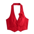 Detail of red halter vest with a large 3D rose decoration and three single-breasted buttons - S / Red