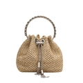 Stroh-Eimertasche mit rundem Metallgriff und modischen Kettenquasten für Damen - Khaki