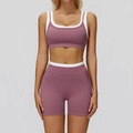 Two-piece ribbed yoga set in dusty rose and white with high-waist biker shorts - S / Top And Bottom (Bra And Shorts) / Violet