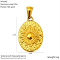 Detailed specs of 18K gold plated 304 stainless steel tarot sun pendant, 22x15mm size - Round Sun Ray (SP624G)