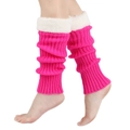 Detail of bright pink knitted leg warmers with soft white faux fur trim on model - One Size / Fluorescent Rose Red
