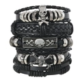 Multi-layer men's black braided leather bracelet set with silver skull charms - Multi-Layer Skull Style