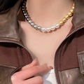 Three-tone gradient pearl necklace with black grey white and gold beads worn by a model - Multi-Color Gradient Pearl (64#)