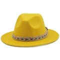 Detail of a bright yellow wool fedora hat with a colorful woven ethnic style band - M(56-58cm) / Yellow