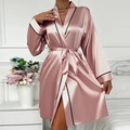 Short pink satin robe for women with black trim detail and matching waist tie - S / Pink