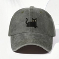 Cappellino da baseball vintage in cotone lavato con motivo a gatto nero ricamato - Taglia unica / Verde Militare