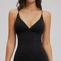 Schwarzes gebürstetes Yoga-Top mit dünnen Trägern und tiefem V-Ausschnitt aus Stretchstoff - S / Premium Schwarz