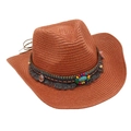 Detail of bohemian western straw hat with ethnic beads, turquoise stone and tassels - Caramel color