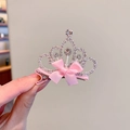 Silver crown hair clip for girls with sparkling crystals and a pink satin bow accent - Crown Stamen Style 6
