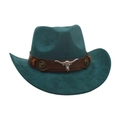 Teal suede western cowboy hat with silver bull head leather band accent details - One Size / Dark Green