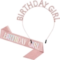 Set de diadema de strass oro rosa y banda de purpurina rosa para cumpleañera Birthday Girl - Set Holográfico Oro Rosa