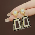 Vintage rectangle gold earrings with black woven texture and white pearls - Chanel Style Woven Chain Pearl Dangle