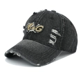 Detail of distressed denim baseball cap with vintage BnG embroidery and ripped texture - Adjustable / Black