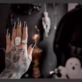 Gothic silver ring set featuring a large skull, spider web and oval minimalist designs - Black Skeleton Bone Long Stiletto Style (Y-367) / Glue Type