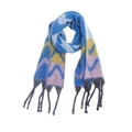 Detail view of soft thick knit scarf with blue yellow and pink wave patterns and dark fringe - Blue