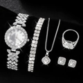 Close-up of 5-piece silver quartz watch set with rhinestones on black leather background - Star Moon Butterfly 5-Piece Set / Silver