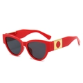 Fashionable bright red oval cat-eye sunglasses with gold metal decorative temple detail - Red Frame Dark Grey Lens