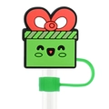 Reusable 10mm green gift box silicone straw cover cap with red bow and cute face - 01-Gift Box