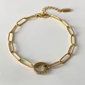 Golden 14K plated stainless steel paperclip chain bracelet with a pavé zircon pendant - Pave Circle Pendant Paperclip Chain (XBL0038-2)