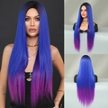 Long straight ombre wig with black roots fading into blue and purple tones - Dreamy Purple Blue Gradient