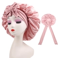 Pink satin sleep cap featuring an elastic ribbon bow design for hair protection - Cross-Bean Paste