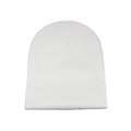 Detailed close-up of plain white knitted brimless beanie showing fine rib texture - White