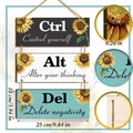 Insegna in legno di girasole in tre pezzi con citazioni Ctrl Alt Del e corda di canapa - Girasole Blu Bianco Nero (Stile C) / 25x10cm (Set di 3)
