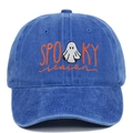 Detail of Spooky Season embroidery and white ghost on washed navy baseball cap - Adjustable / Sapphire Blue
