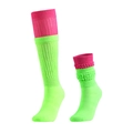 Knitted green slouch socks with contrasting pink trim shown in two wearing styles - Triple Full Inspection Quality / Neon Green & Rose Red