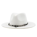 Classic white woven straw fedora hat for sun protection with black beaded feather band - M (56-58cm) / White