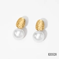 Boucles d'oreilles en acier 316L doré martelé avec pendentifs perles rondes blanches - Style Perle en Acier Inoxydable Martelé (KD3528) / Or (KD3528)