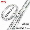 Silver stainless steel hip hop chain set with 9.5mm necklace and bracelet in shiny finish - Style C (Push Button Clasp) / 9.5mm Width / 21cm Bracelet + 45cm Necklace / Steel