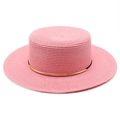 Cappello di paglia rosa a cima piatta con decoro dorato per donna da spiaggia estiva - M (56-58cm) / Rosa Antico