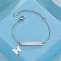 Detailed view of stainless steel kids bracelet with engraved plate and butterfly charm - Silver Butterfly