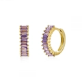 Macro detail of gold hoop earrings with emerald-cut purple zircon stones and metallic finish - Gold with Purple Baguette Zircon Hoop