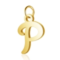 Close-up of golden stainless steel hollow letter P pendant with top jump ring - Letter P