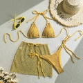 Three-piece lemon yellow bikini set with sequined mesh skirt and summer beach accessories - S / Gold