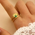 Vintage gold-plated stainless steel double-layered ring with green sunburst turquoise stone - 35 18k Real Gold Sunflower 6960